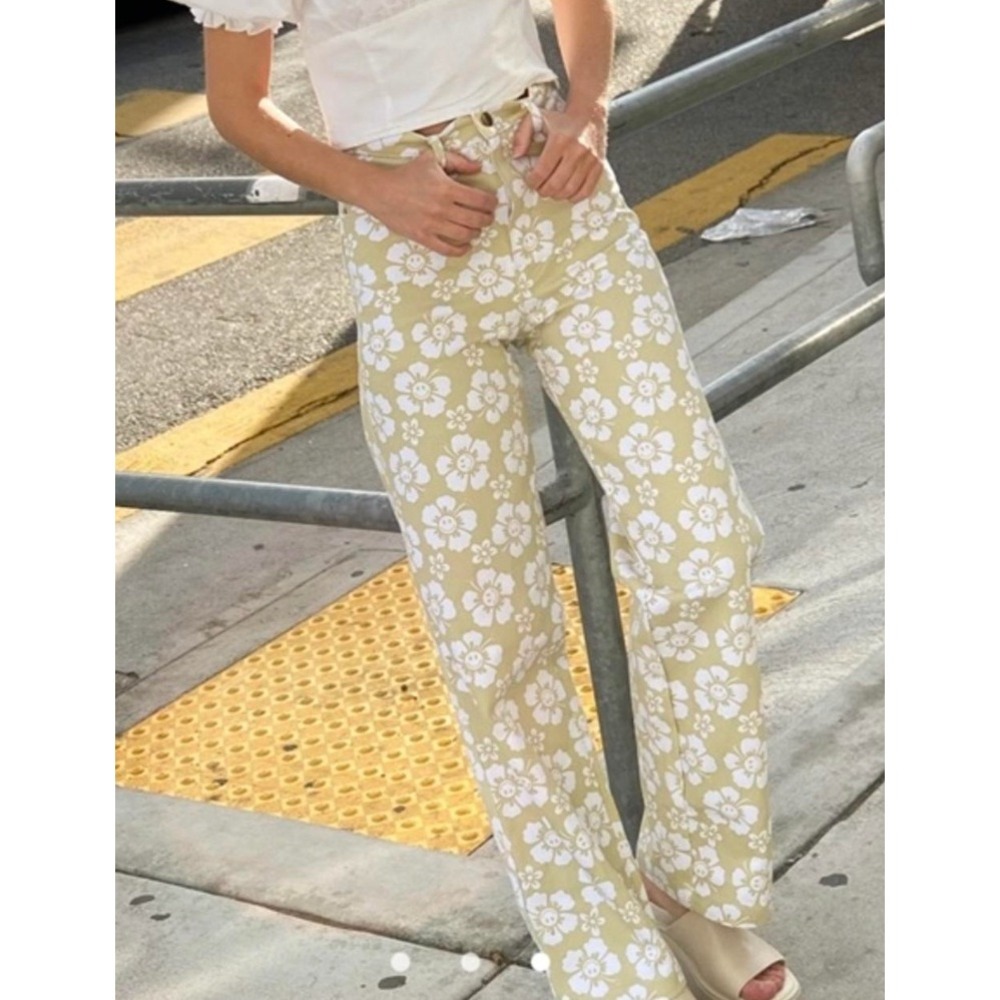 Holiday The Label Jeans Womens 34 Cream White Floral‎ Wide Leg High Rise Retro
